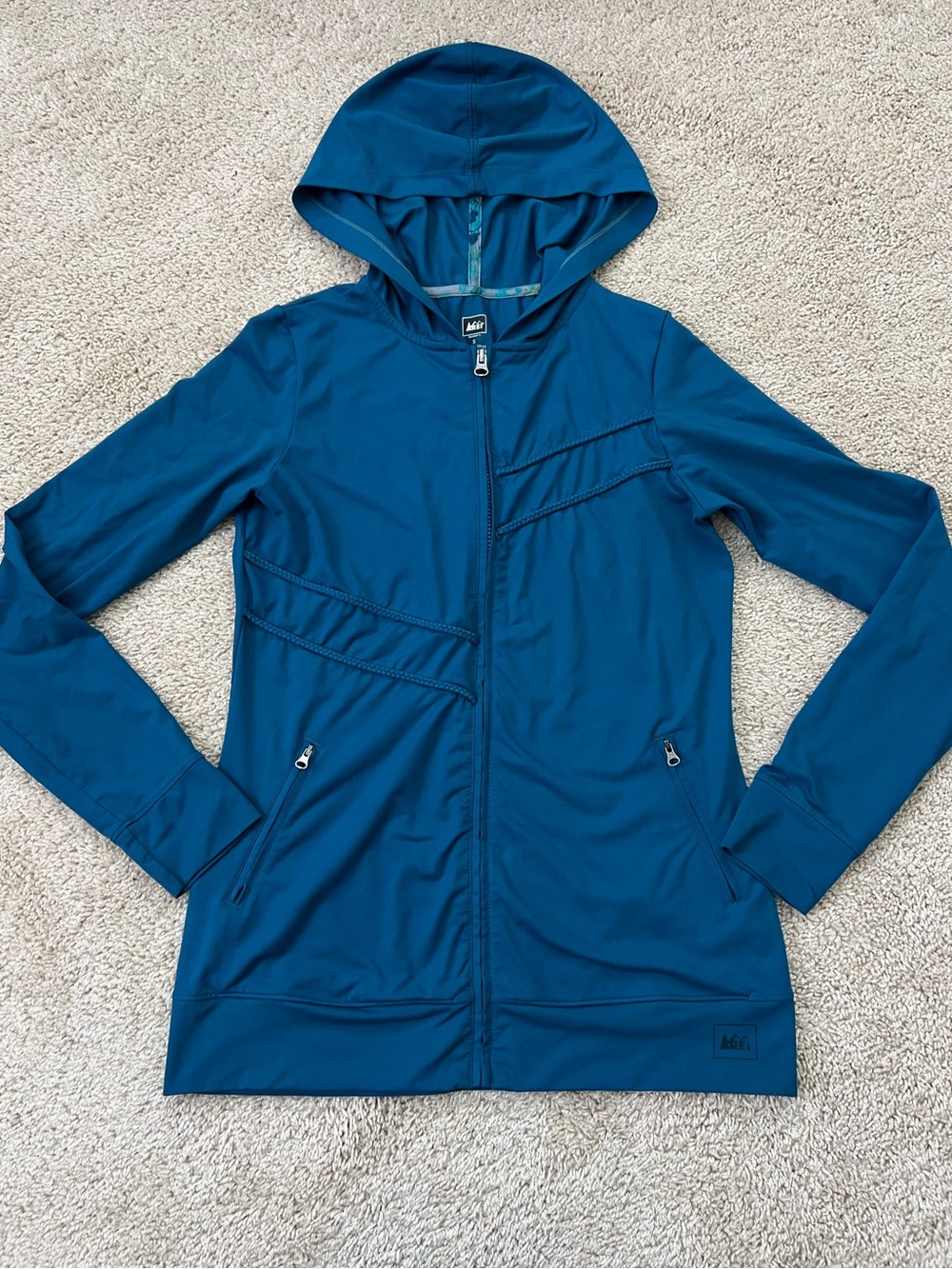 REI Women’s Small Full Zip Hoodie Lightweight Jacket Teal Blue *Flaw*